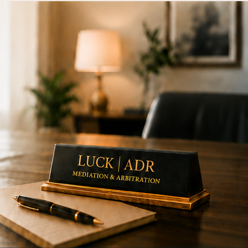 A polished mediation room with LUCK ADR signage on a conference table